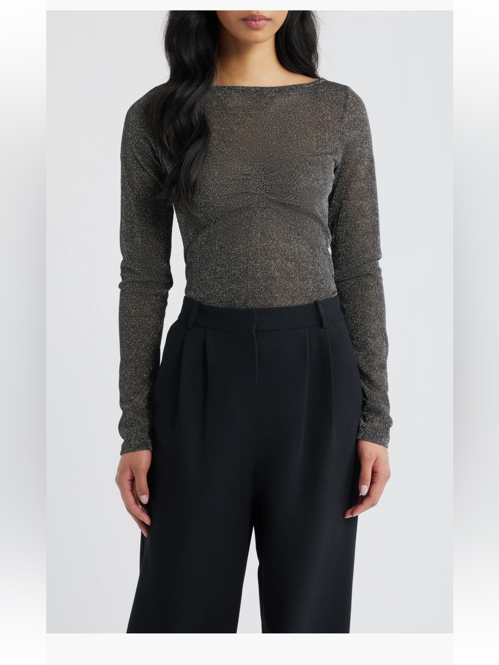 Princess Polly Crystal Clear Sheer Mesh Top long sleeve shirt black silver 6 NWT